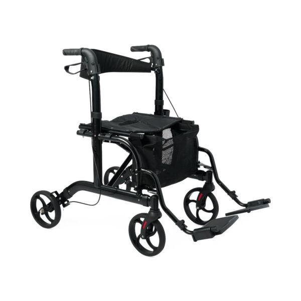 Medline Walker Wheelchair Combo, Rollator Walker for Seniors with Seat, Foldable Transport Chair with Footrests, 300 lb Capacity, Breathable Nylon, 18″ Wide Seat, Black