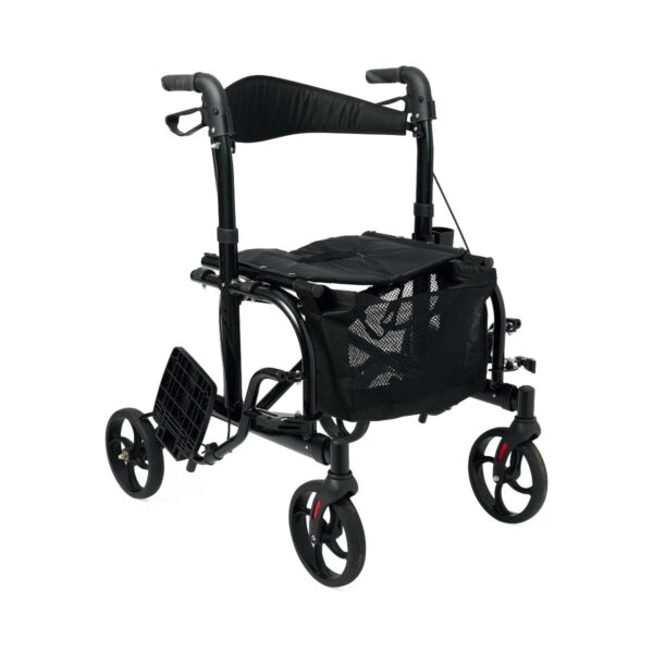 Medline Walker Wheelchair Combo, Rollator Walker for Seniors with Seat, Foldable Transport Chair with Footrests, 300 lb Capacity, Breathable Nylon, 18″ Wide Seat, Black