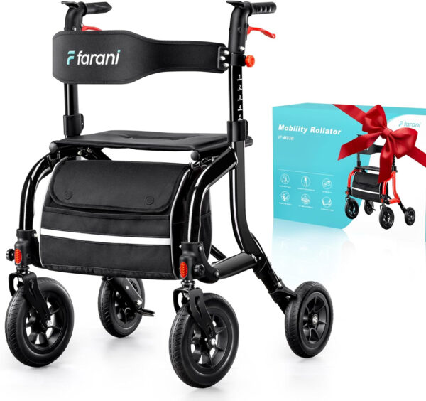 Farani Rollator Walker with Seat, Outdoor Rolling Walkers for Seniors – 10″ Large All Terrain Rubber Wheels, Padded Seat and Backrest, Ergonomic Handles, Comfort on Grass