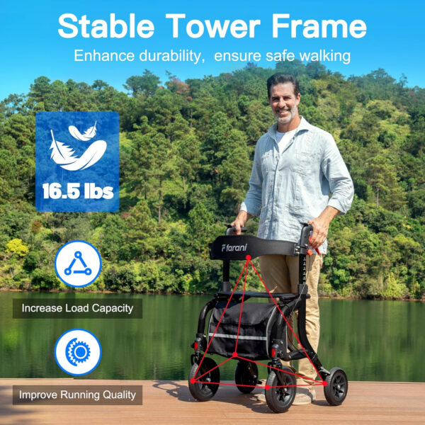 Farani Rollator Walker with Seat, Outdoor Rolling Walkers for Seniors – 10″ Large All Terrain Rubber Wheels, Padded Seat and Backrest, Ergonomic Handles, Comfort on Grass