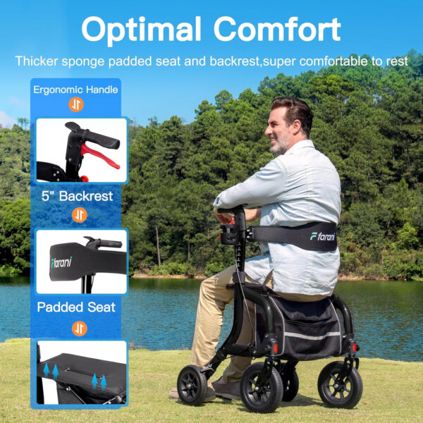 Farani Rollator Walker with Seat, Outdoor Rolling Walkers for Seniors – 10″ Large All Terrain Rubber Wheels, Padded Seat and Backrest, Ergonomic Handles, Comfort on Grass
