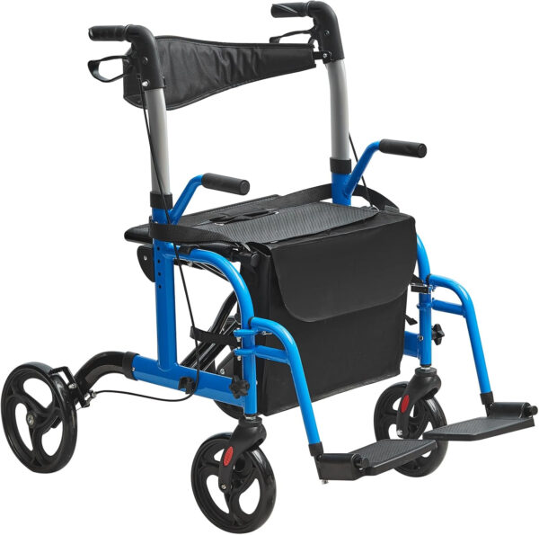 VEVOR Rollator Walker, 2-in-1 Rolling Walker Wheelchair Combo, 300LBS Capacity Folding Transport Chair, Lightweight Aluminum Mobility Rollator Wheelchair with Wheels & Adjustable Handle, Blue