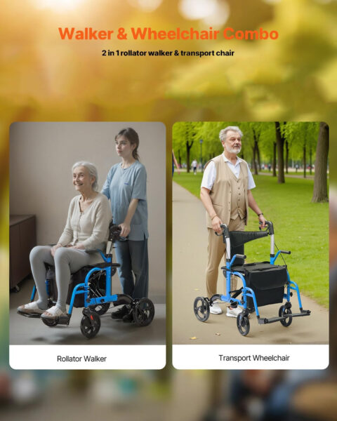 VEVOR Rollator Walker, 2-in-1 Rolling Walker Wheelchair Combo, 300LBS Capacity Folding Transport Chair, Lightweight Aluminum Mobility Rollator Wheelchair with Wheels & Adjustable Handle, Blue