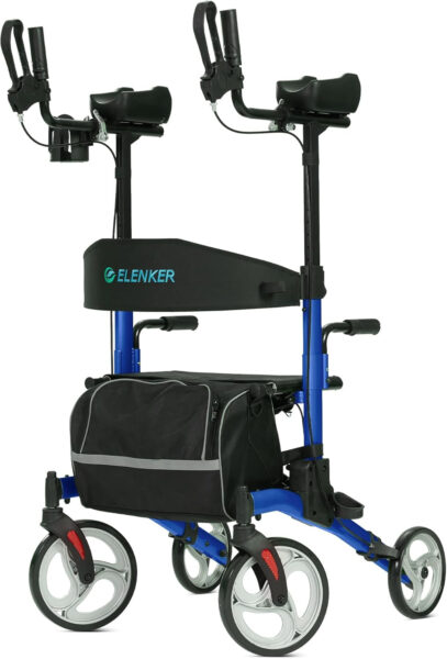ELENKER Upright Walker, Stand Up Folding Rollator Walker with 10” Front Wheels Backrest Seat and Padded Armrests for Seniors and Adults, Blue