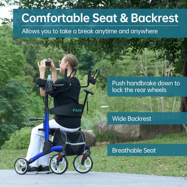 ELENKER Upright Walker, Stand Up Folding Rollator Walker with 10” Front Wheels Backrest Seat and Padded Armrests for Seniors and Adults, Blue