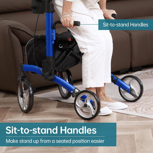 ELENKER Upright Walker, Stand Up Folding Rollator Walker with 10” Front Wheels Backrest Seat and Padded Armrests for Seniors and Adults, Blue