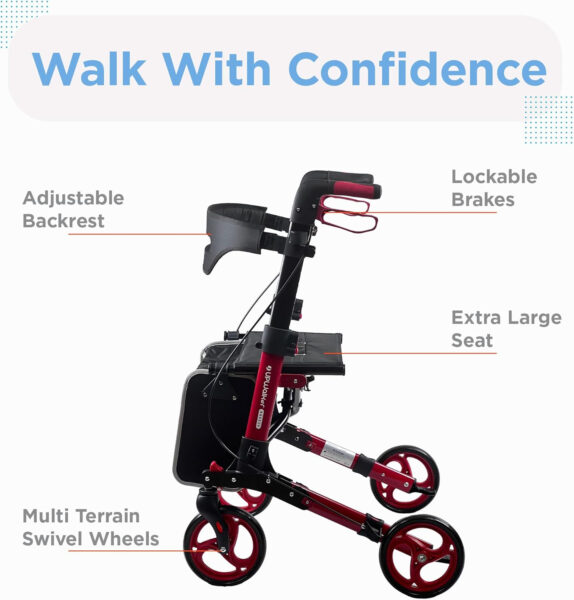 Journey UPWalker Breeze – Traditional Rollator Walker – Premium, Lightweight Adjustable Upright Rollator Walker with Seat for Adults, Seniors & The Elderly – Red Frame