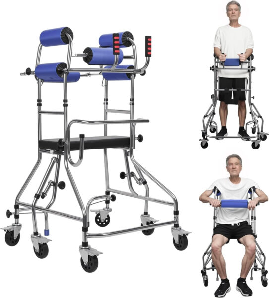 Upright Rollator Walker, Stand Up Rollator Walker with Seat, Standing Adult Walkers for Seniors, Width & Height Adjustable