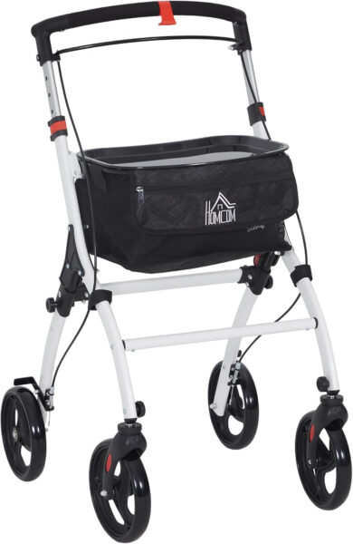 HOMCOM Upright Walker for Seniors for Tall Men, Rollator Walker Stand Up Walking Aid with Storage Bag, Tray, Dual Brakes, Adjustable Handle Height, White