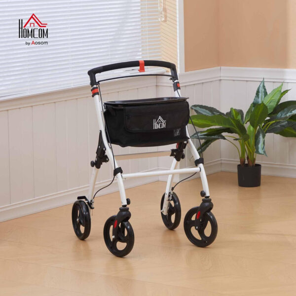 HOMCOM Upright Walker for Seniors for Tall Men, Rollator Walker Stand Up Walking Aid with Storage Bag, Tray, Dual Brakes, Adjustable Handle Height, White