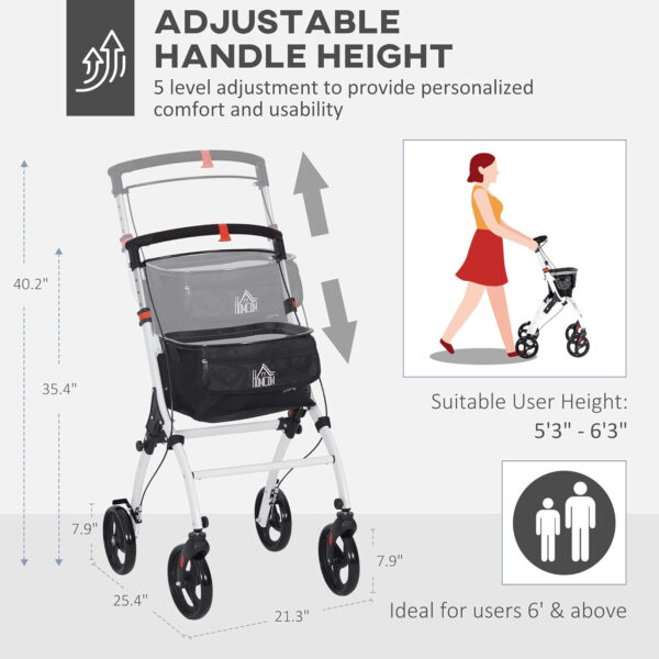 HOMCOM Upright Walker for Seniors for Tall Men, Rollator Walker Stand Up Walking Aid with Storage Bag, Tray, Dual Brakes, Adjustable Handle Height, White