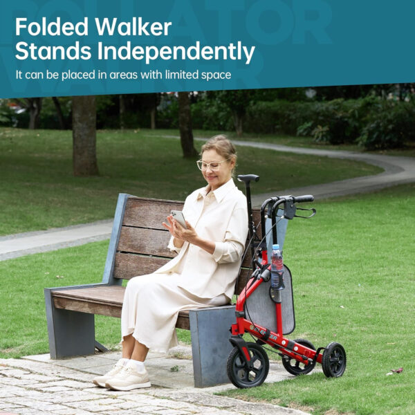 ELENKER All Terrain 3 Wheel Walkers for Seniors, 3 Wheeled Rollator with 10” Wheels, Narrow Walkers for Small Spaces, Compact Folding, Ideal for Traveling, Red