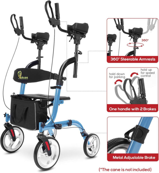 WINLOVE Upright Rollator Walker- Walkers for Seniors Tall Stand up Rolling Mobility aids with Armrest，Padded Seat, Backrest and Shopping Bag Blue