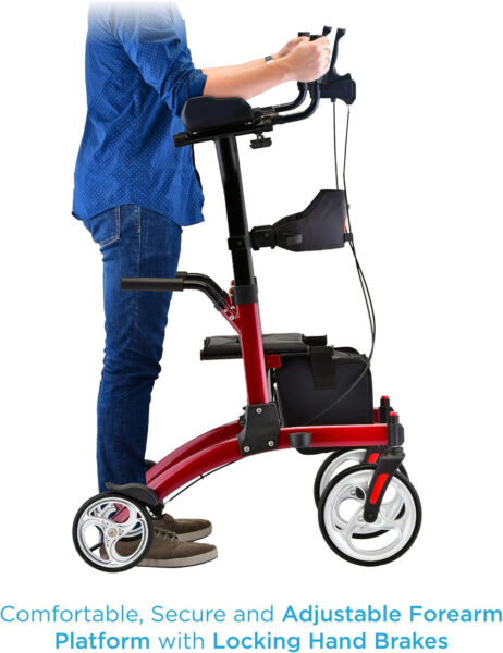 NOVA Medical Products Dragon Fold n’ Go Rise UP Rollator, Upright Standing Walker with Padded & Contoured Forearm Platform, Stand Up Walker with 10” Front Wheels, Color: Red, (4802BL)