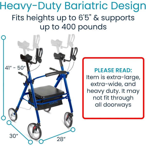 Vive Bariatric Upright Walker with Seat – Heavy Duty Senior Stand Up Rollator, Extra Wide Frame – Padded Armrest & Backrest