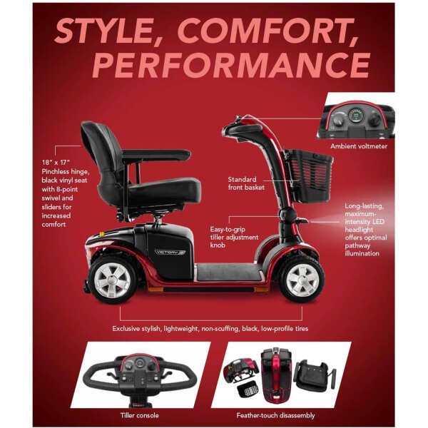Pride Mobility Victory 9 3 Wheel SC609 Mobility Scooter, Candy Apple, Outdoor 3-Wheel Travel Electric Mobility Scooter for