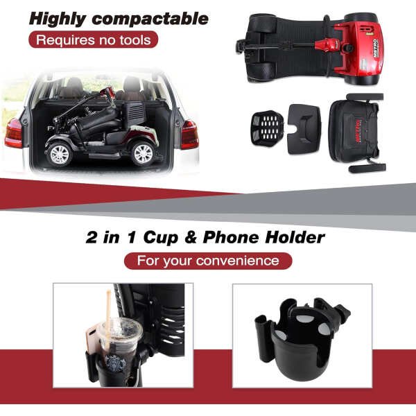 Metro Mobility Outdoor Compact Seniors Scooter, Foldable Electric Mobility Wheelchair with 2 in 1 Cup Holder and Phone Holder.